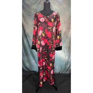 Halston Floral Maxi Vintage Dressing Gown Long Sleeve Velvet Trimmed L/XL